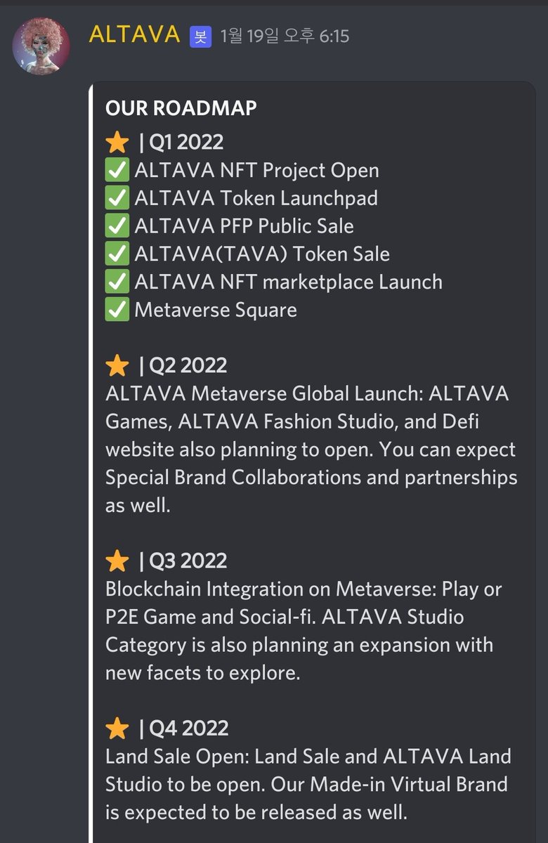 Livetoie's tweet photo. Altava's current status and 2022 Roadmap.
Altava has accomplished so much, but its roadmap has just started 👀
TAVA token is about to launch soon in May and many more things to come soon. 🥁
@altavagroup #altavawk4event #NFT #crypto #digitalfashion #NFTProjects #NFTSTAKING https://t.co/Jm4cKw4eBM