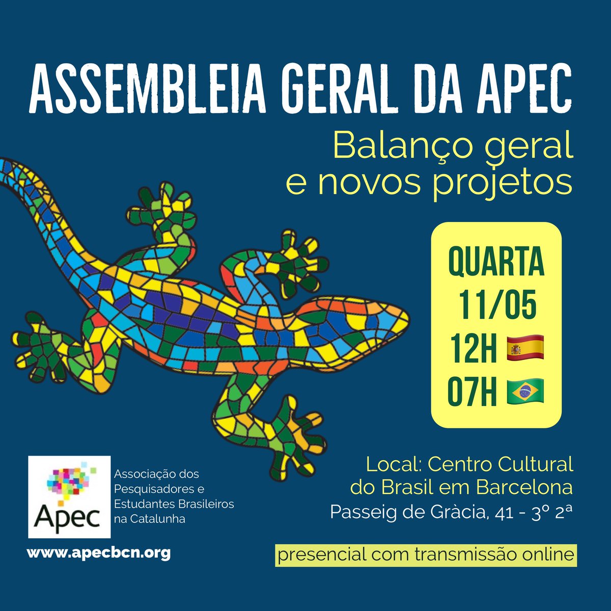 APECBCN's tweet photo. Esperamos você na Assembléia Geral da APEC para darmos início a um novo ciclo de atividades com muitas novidades. Participe de forma presencial ou acompanhe a transmissão via web. 
Apoio: @CCBrasilBcn https://t.co/AdssPoZZXi