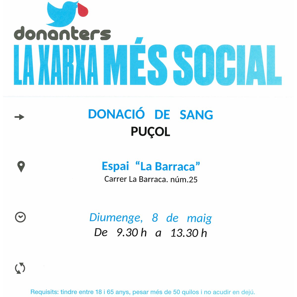 RT <a href="/GVAdonasang/">GVA Dona Sang</a>: Donació de sang #Puçol
📅Diumenge  #8Maig 

👉1 de cada 10 persones ingressades en un hospital necessita sang. La teua donació fa possible el seu tractament. #FesteDonanter.