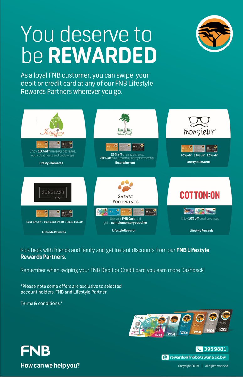 FNB_Botswana's tweet photo. Our relationship with our FNB Lifestyle Rewards Partners continues to grow, as we now offer various discounts and benefits when you swipe using your FNB Debit or Credit card.
#SwitchToFNB #FNBB Bank of #TheChangeables #30YearsofPositiveChange https://t.co/MA8xDZILQZ