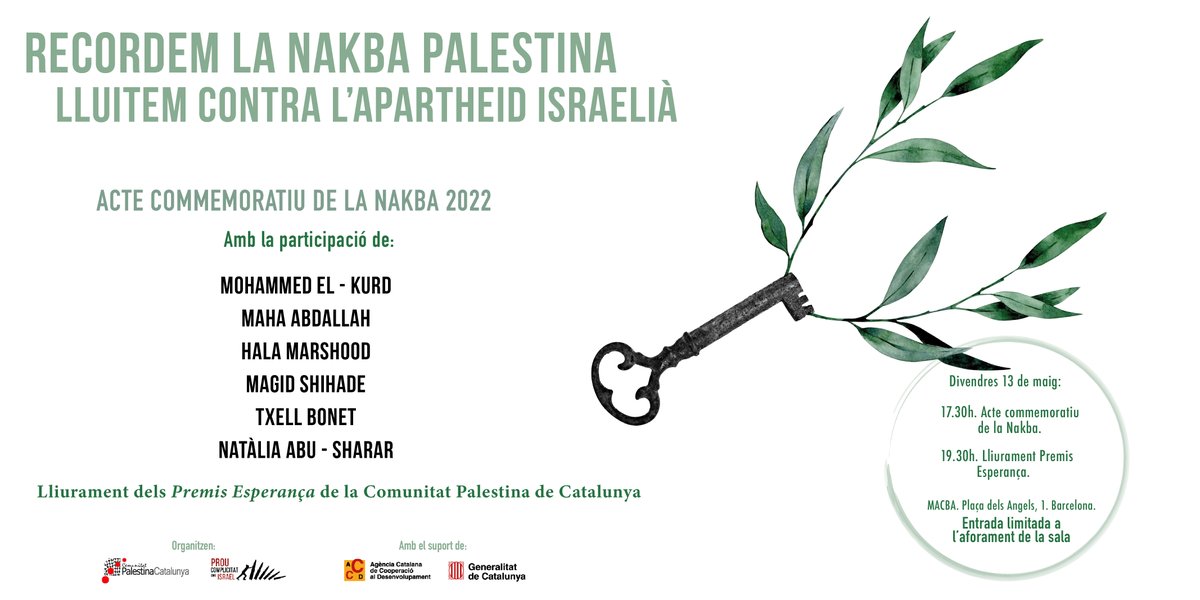 🗝️ Aquest divendres 13 de maig recordem la #Nakba palestina al MACBA, amb un acte commemoratiu i el lliurament dels Premis Esperança de <a href="/Palestina_cat/">Comunitat Palestina Catalunya</a>