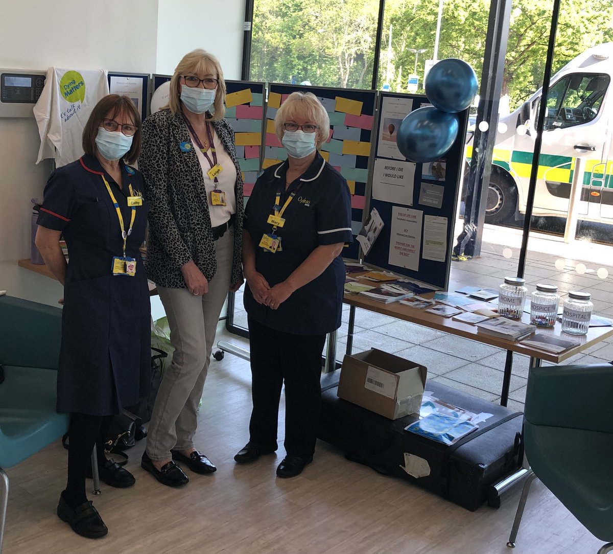 CaffWilkinson's tweet photo. Here we are in the foyer at Queen Mary’s Hospital. Please come along for a chat or pick up some leaflets #DyingMattersAwarenessWeek @OxleasNHS @char_steward @gbchospice https://t.co/AHwYEFdmTo