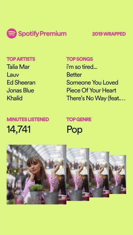 kobbles15's tweet photo. Can we just appreciate my Spotify 2019 wrapped 🙏 @TaliaMar could  possibly be the same with the new banger coming out this year 🎉 https://t.co/UriicuzJ6M