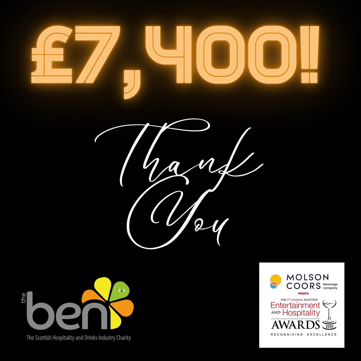 A huge thank you to everyone who attended The Scottish Entertainment &amp; Hospitality Awards! 

You all rasied a HUGE £7,400 for The BEN!

We are so grateful! 
Thank you