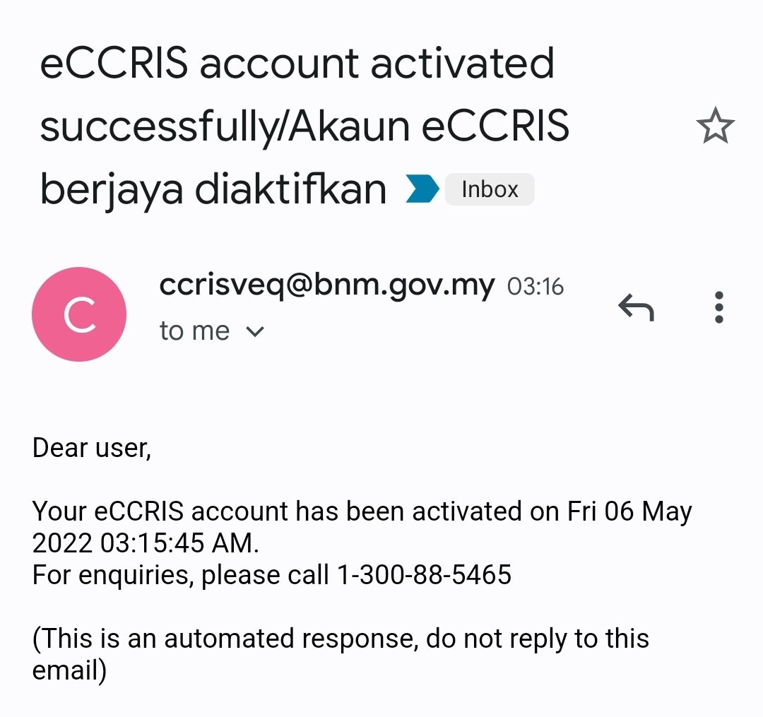 pickyhn's tweet photo. Kalau korang nak check CCRIS dah tak payah nak pergi Bank Negara lagi. Sekarang dah boleh buat online. 

Lepas dah daftar nanti keluarlah skor CCRIS dan segala hutang piutang yang korang ada. Nak daftar RM1 je

Daftar je dekat website eCCRIS. https://t.co/LunAyZHULg https://t.co/tZSJAb3vzr