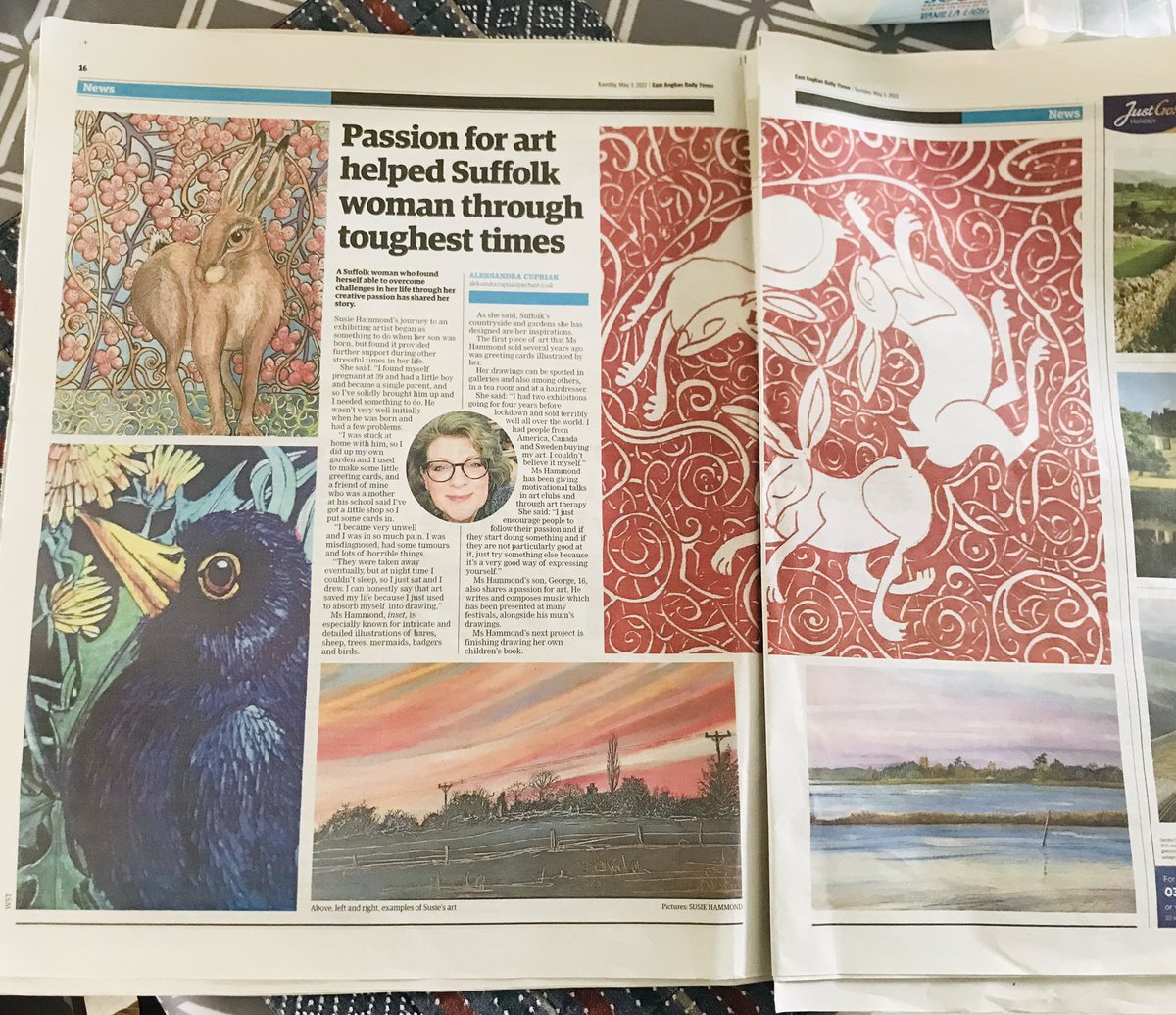 susiehammondart's tweet photo. Crikey in the paper too! @susiehammondart #artexhibitionsuffolk #suffolkartist #eastanglian #suffolkcoast #suffolkart #suffolkillustrator #artforall #suffolkhares #fridaymorning #artjourney #artistontherise #PeaceNotWar #Peace #brownhare #positivelife https://t.co/kNYLSfVPha