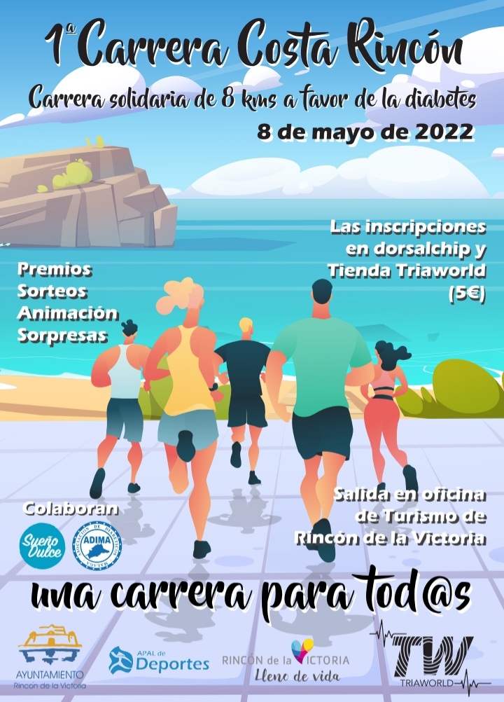 aytorincon's tweet photo. ➡️No te pierdas la I Carrera `Costa Rincón´🏃♀️🏃del próximo domingo 8 de mayo a favor de las asociaciones #ADIMA y #SueñoDulce para visibilizar la #diabetes.
☑️Recorrido:8Km
☑️Hora:10h
☑️Salida:Paseo Marítimo Rincón de la Victoria.Oficina de Turismo
+info: https://t.co/cH5HBBjDVF https://t.co/rDfPVZTnaK