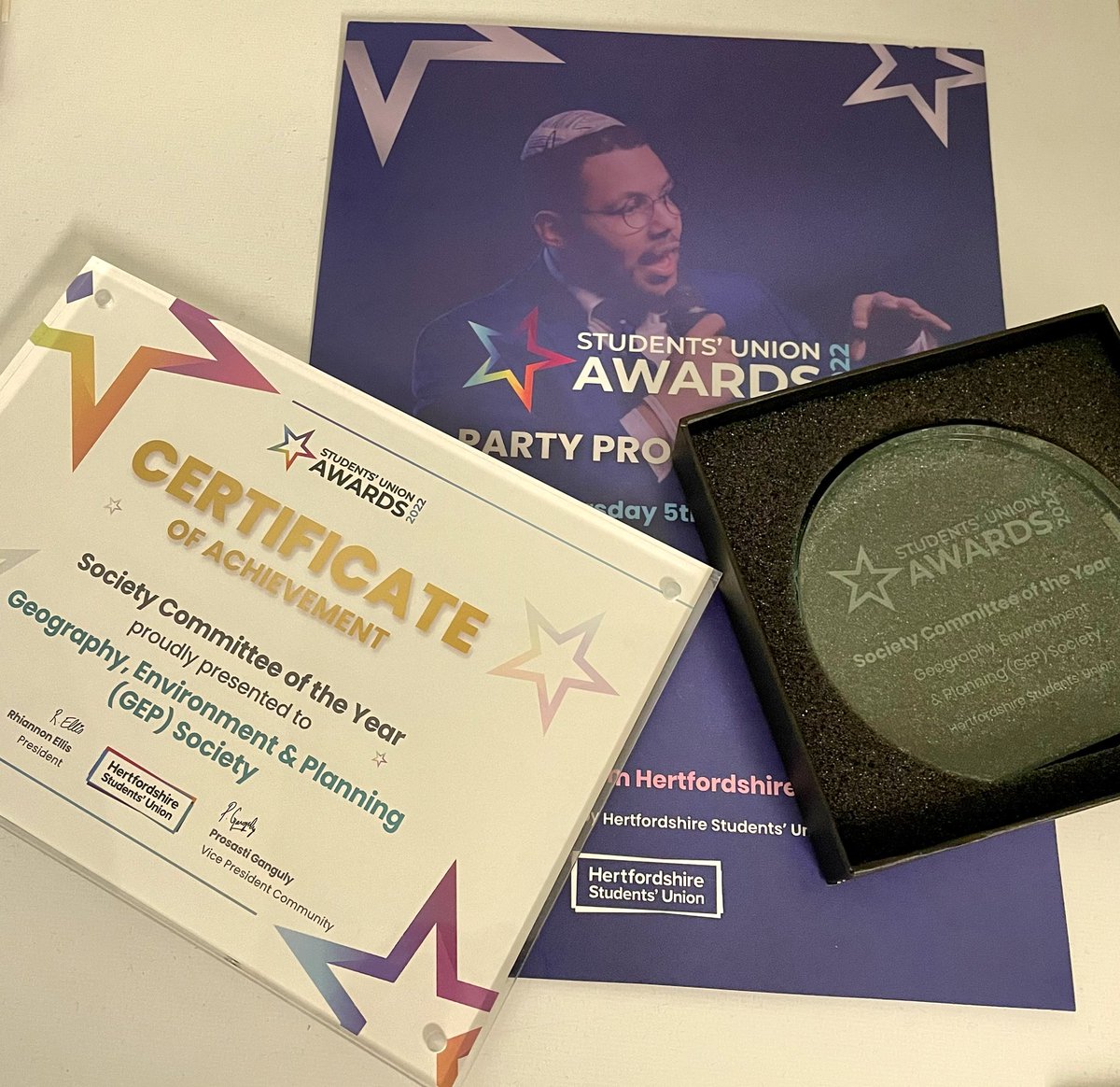 Last night we attended the @hertssu awards and are absolutely thrilled to have been announced as the winners of Society Committee of the Year 🥳 Thanks to all our members and <a href="/hertsgep/">Geography, Environment & Planning at Herts</a> staff for your support ☺️ We look forward to another fab year of GEP Soc 👏🏻 #hertssuawards2022