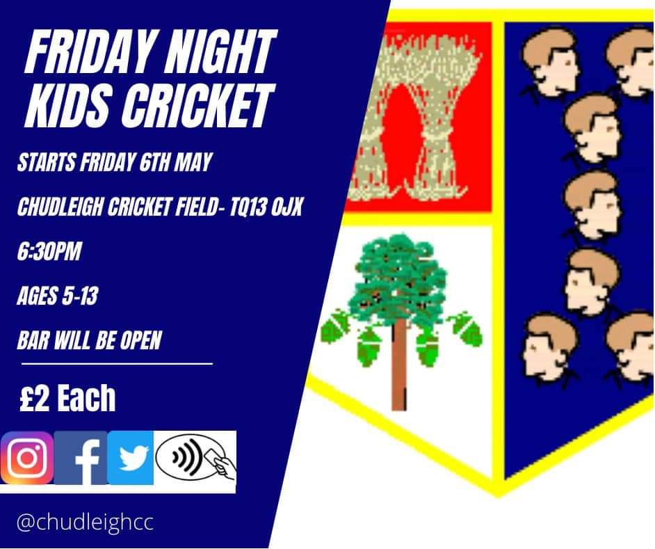 Youth cricket starts this evening - Soft ball for ages 5-13. 🏏

🗓 Friday 6th May.
⏰️ 6.30pm start.
📍 Kate Brook.