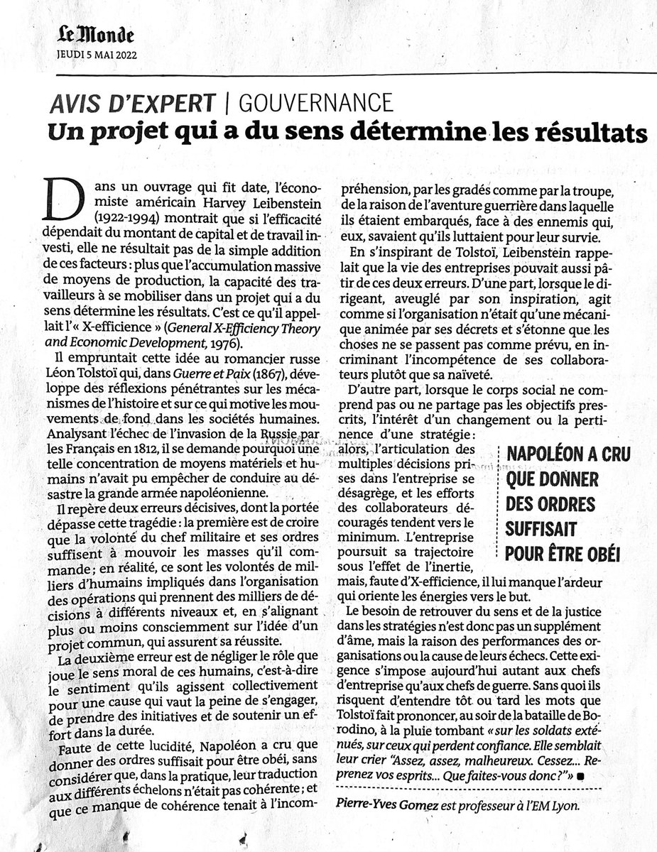 « X-effecience » : un projet qui a du sens détermine son résultat. L’importance des moyens financiers et humains mobilisés sont moins critiques qu’on ne le pense. Super article de Pierre Yves Gomez de l’<a href="/EMLYON/">emlyon business school</a> dans <a href="/lemondefr/">Le Monde</a>