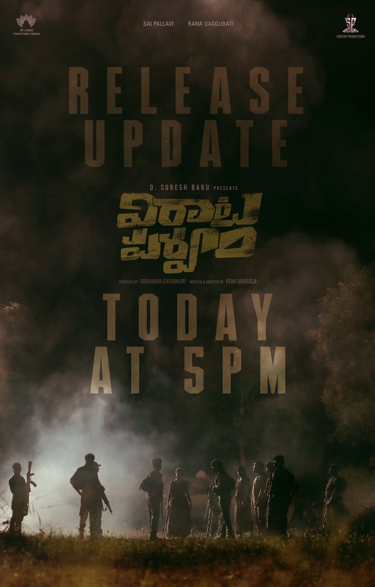 venuudugulafilm's tweet photo. The most awaited announcement is here 🤘

Unveiling #VirataParvam Grand Release Date Today at 5 PM 🔥

@RanaDaggubati @Sai_Pallavi92 @venuudugulafilm #SureshBobbili @dancinemaniac @laharimusic @SureshProdns @SLVCinemasOffl https://t.co/KX3nV39sH9