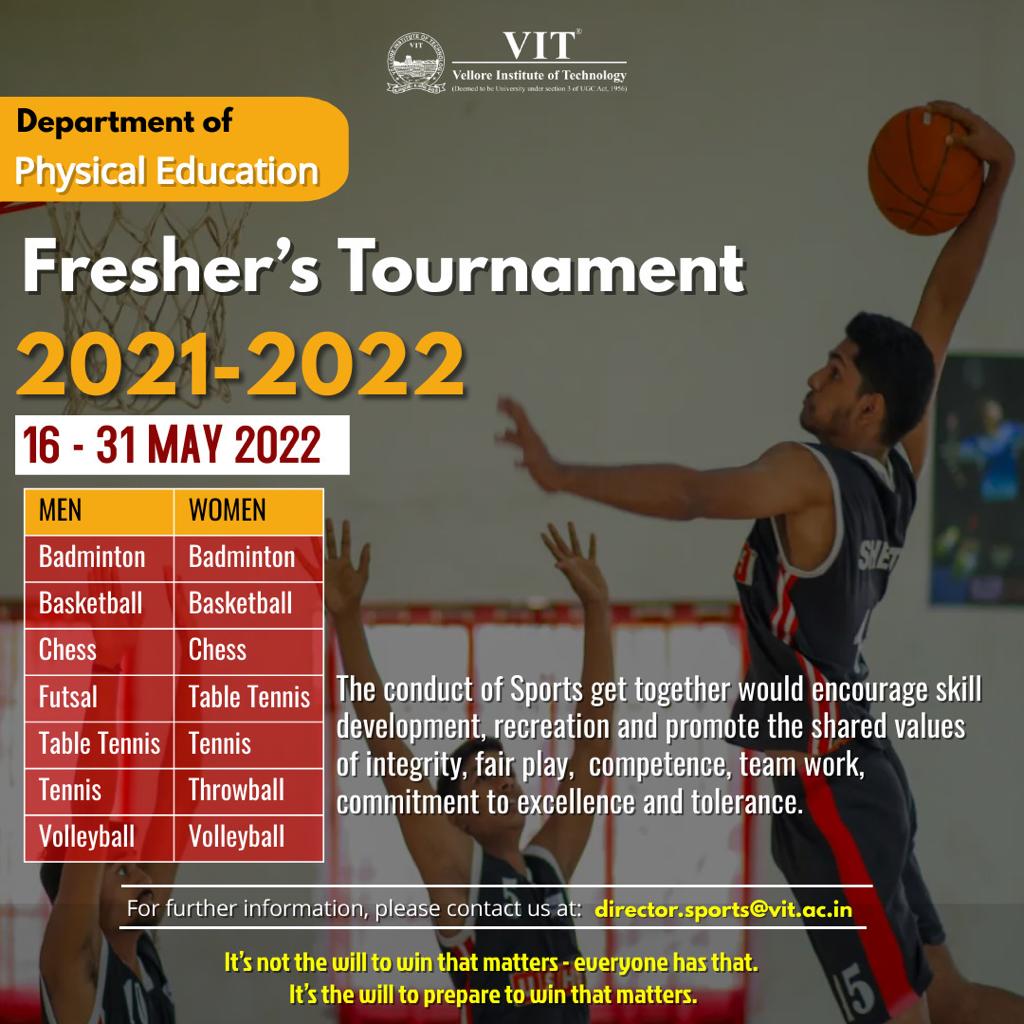 VIT_univ's tweet photo. The Department of Physical Education, is organizing #VITPL for fresher’s between 16th and 31st of May. A tournament in 14 categories will be organized for the students. 

#VIT
#VITPL
#VITPremierLeague
#VITPLforFreshers
#Sports
#StudentsSportEvents
#VITPL2022
#Games https://t.co/XQs2cu3Gxp