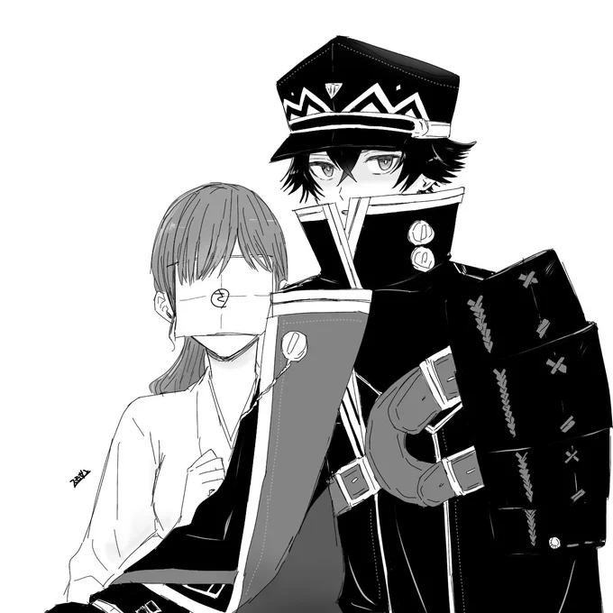 面倒な相手に絡まれた時「…我が主に何か?」ってインターセプトするすいしんしくんとか見たいよねっていう絵。水さに。※女審神者おる。 