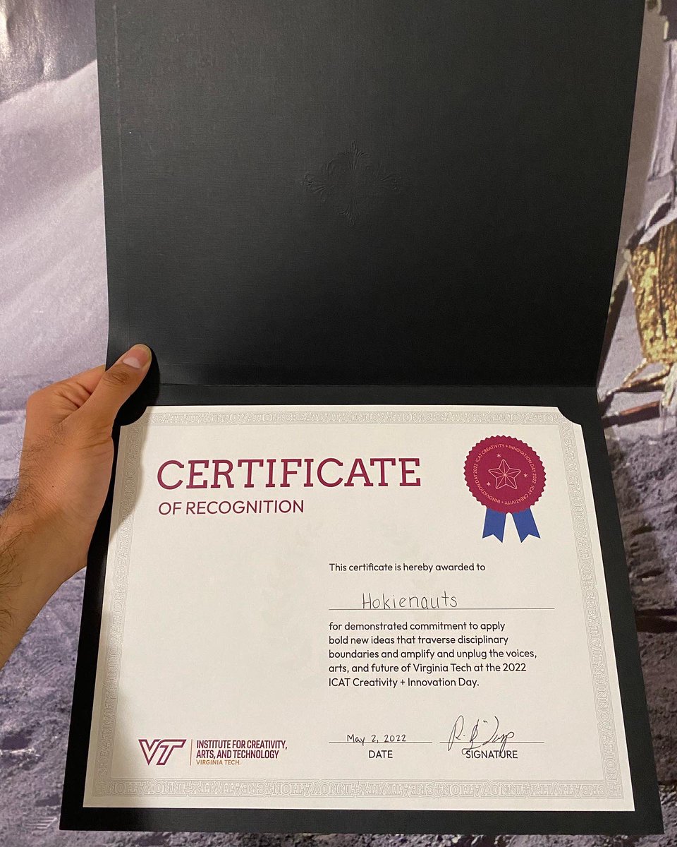 hokienauts's tweet photo. It was an honor and a privilege to receive a Certificate of Recognition from the 2022 ICAT Creativity + Innovation Day!
Thank you @ICATatVT for your recognition, and for organizing such an amazing event!
#NASASUITS #NASACODES
π¨βππ©βπππ¦βοΈπ°π‘ππ«πͺπ https://t.co/DNsoGkEr8E