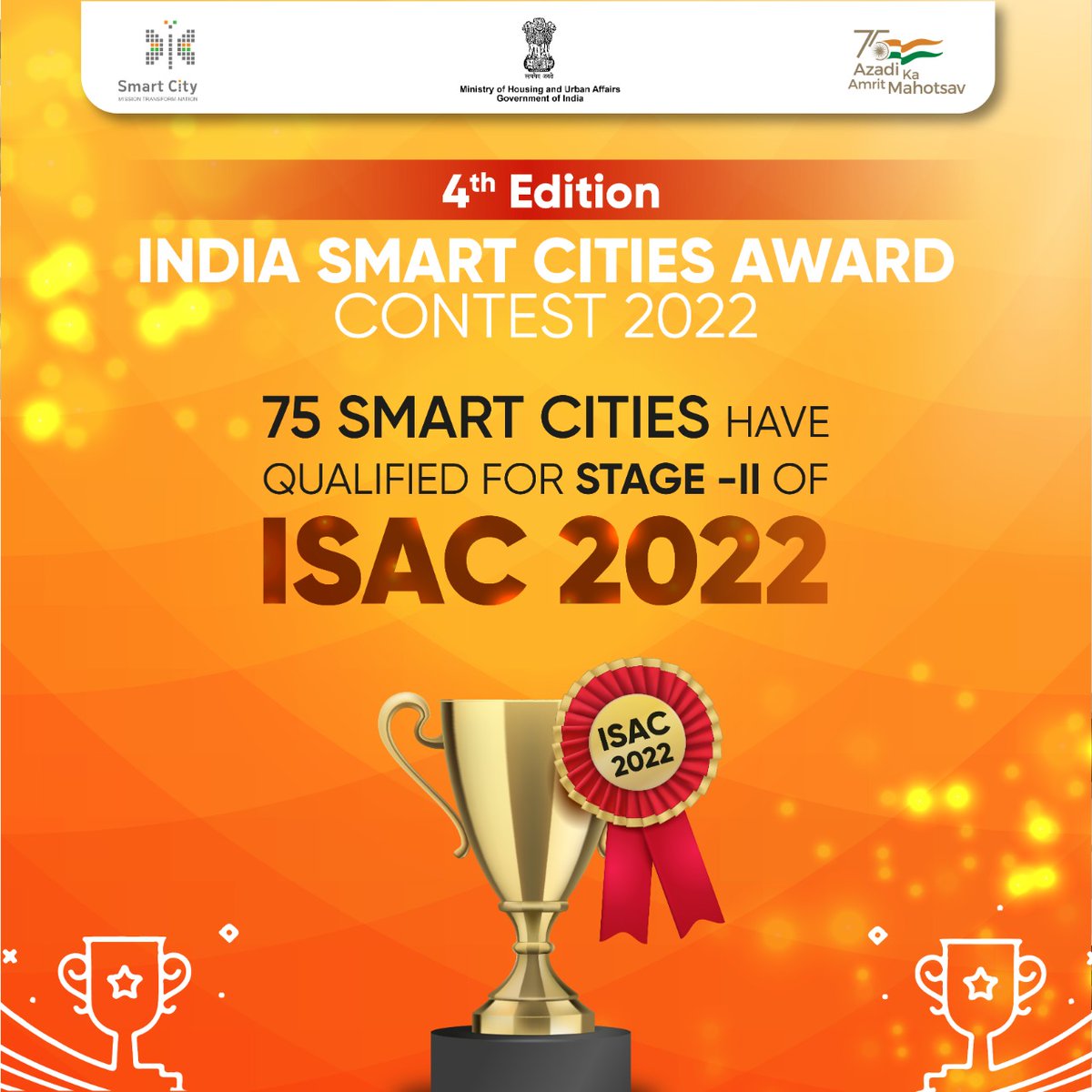 In the 4th edition of 'India Smart Cities Award Contest 2022', 75 cities from across the country have qualified for Stage-II to win this profound award.

#ISAC2022 #smartcitiesaward #SmartCitiesMission #missiontomovement #SmartCitiesIndia