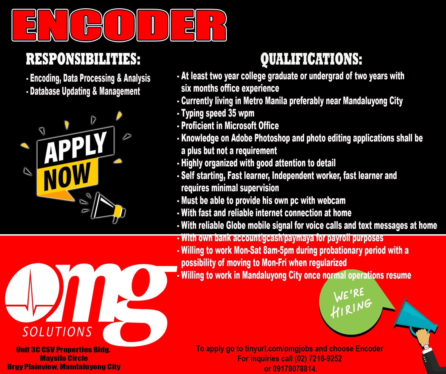 Metro Manila Job on Twitter "OMG Solutions is hiring Encoders (Work