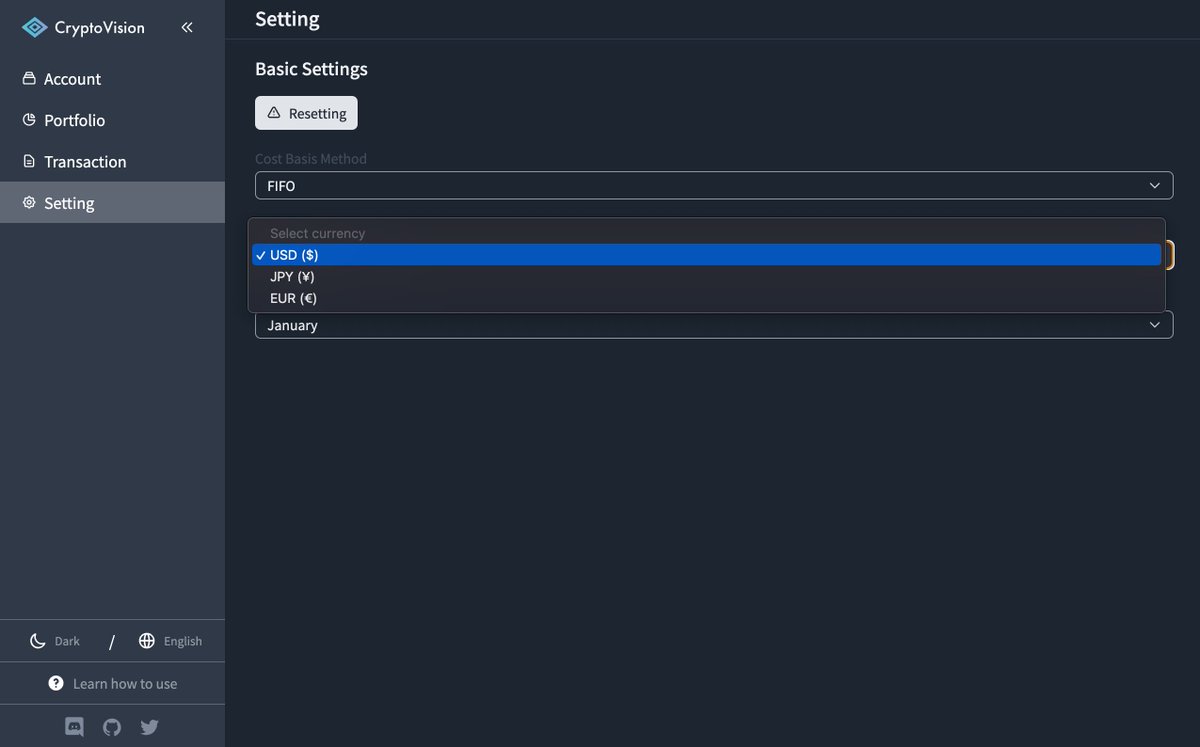 moscat_bcg's tweet photo. [Feature 5]

- Dark mode is supported.
- multiple languages (English/Japanese) support
- FIFO/LIFO/ACB support
- Accounting currency can be set in US dollars, euros, and Japanese yen.

(6/7) https://t.co/8pQyRNAfNr