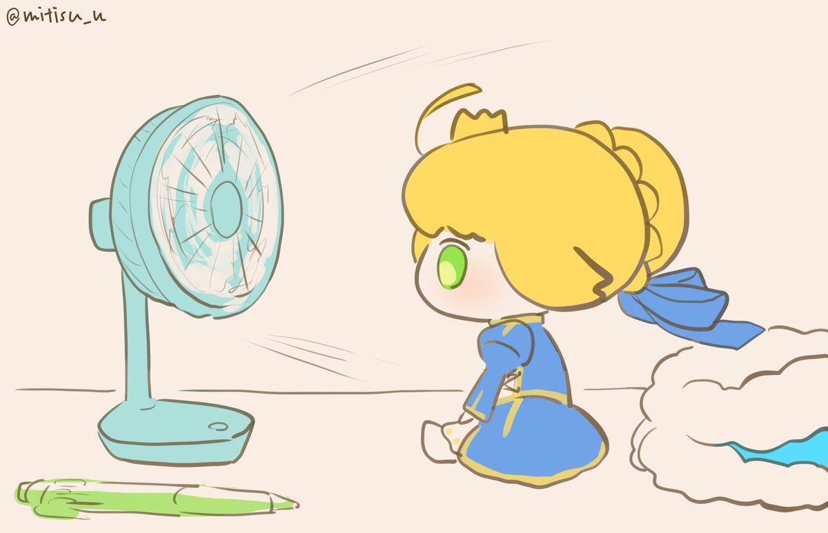 artoria pendragon (fate) 1girl electric fan ahoge blonde hair green eyes chibi solo  illustration images