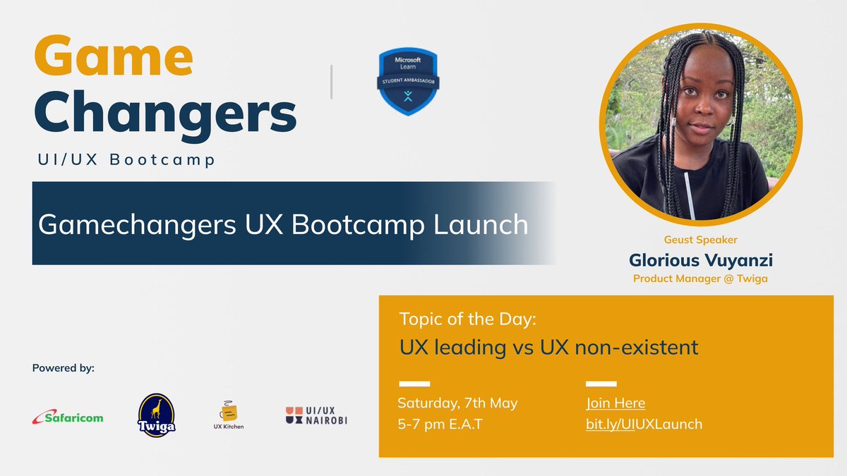 UXKitchenKE's tweet photo. Join @msp_uon Game Changers UI/UX Bootcamp Launch
🗓 May 7th ,2021 (Tomorrow)
⏰ 5pm -7pm E.A.T
🔗 https://t.co/nKPj263KMs

Guest Speaker: @VuyanziG 

@MSAmbassadorsKE
@ReubenKihiu1
@_njiiri
@RjyShah
@TechMadi 

#100DaysOfCode #design #uiuxdesign https://t.co/r5ts06siv7