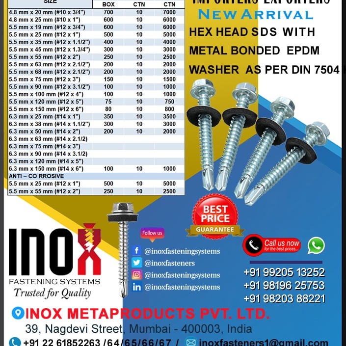 inoxfasteners's tweet photo. INOX FASTENING SYSTEMS
Trusted for Quality
Importers, Exporters , Wholesalers of All Types of Industrial Screws and Fasteners
HEX HEAD SDS WITH METAL BONDED EPDM WASHER AS PER DIN 7504 K
#inoxfasteners #woodinsertnut #hexheadselfdrillingscrew #insertnuts #nut #inoxfastening https://t.co/qzq6yvElwR