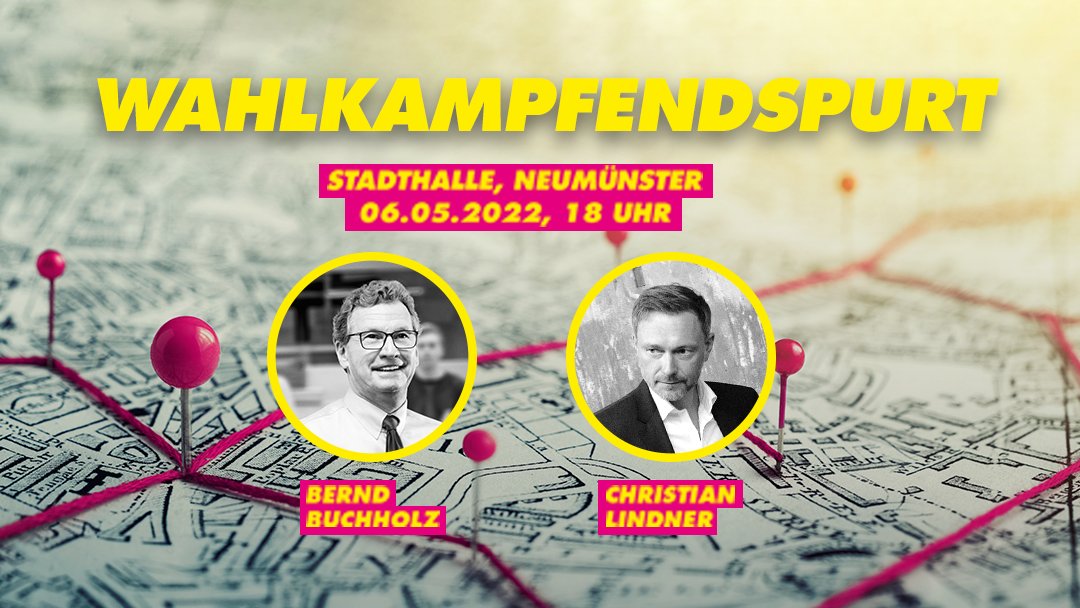 FDP_SH's tweet photo. In wenigen Tagen wählt #SchleswigHolstein einen neuen Landtag. Seid deshalb heute dabei, wenn @c_lindner und @BerndBuchholz nach Neumünster kommen und über unsere Ziele zur #ltwsh22 sprechen. #dasbrauchtdasland #fdpsh @fdp
📅 Freitag, 6. Mai 🕔 18 Uhr
📌 Stadthalle in Neumünster https://t.co/fmLZtZrtSH