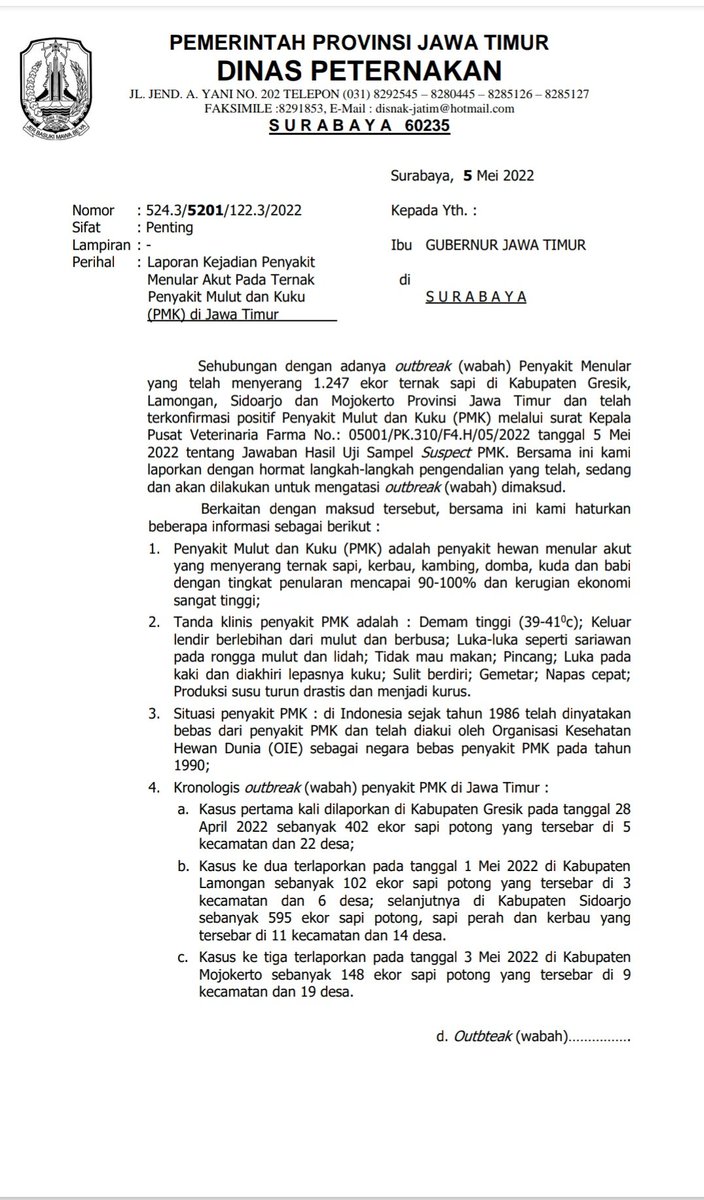 piyopikavet's tweet photo. Duh.

 FMD (Foot and Mouth Disease) a.k.a PMK (Penyakit Mulut dan Kuku) pada hewan ternak (sapi, kambing, domba, babi) balik lagi ke Indonesia setelah sempat bebas sejak tahun 1986.

Sudah terlapor di Jawa Timur 😷

Biyuuuh... Kerja kerasa sekian tahun akhirnya kebobolan jg https://t.co/pVBkHAZBXF