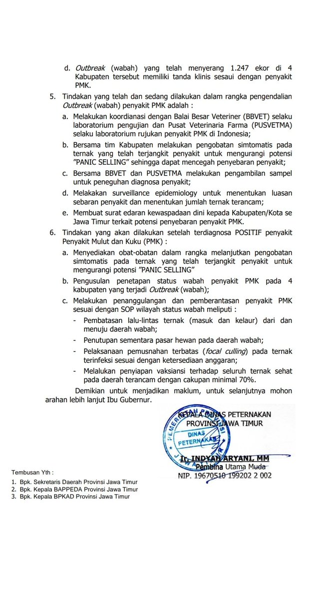 piyopikavet's tweet photo. Duh.

 FMD (Foot and Mouth Disease) a.k.a PMK (Penyakit Mulut dan Kuku) pada hewan ternak (sapi, kambing, domba, babi) balik lagi ke Indonesia setelah sempat bebas sejak tahun 1986.

Sudah terlapor di Jawa Timur 😷

Biyuuuh... Kerja kerasa sekian tahun akhirnya kebobolan jg https://t.co/pVBkHAZBXF