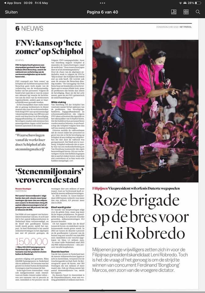 dixinyinli_'s tweet photo. Leni Robredo is in the Dutch newspapers, Het Parool and Trouw. 

The author likened the rallies as parties where food and drinks are shared and where the guests in extreme heat waits for the woman in pink while being entertained by artists.

#BicolIsPink #MakatiIsPink https://t.co/wGTB55pT3p