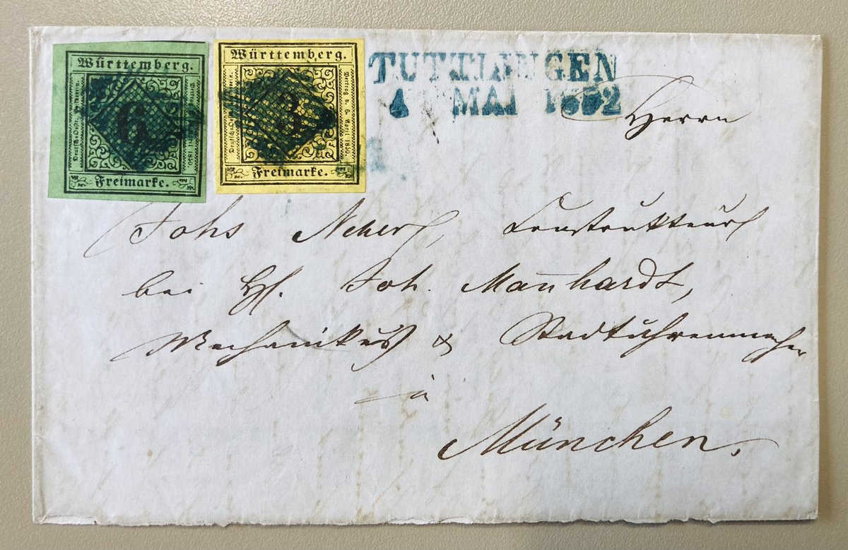 AVPostalHistory's tweet photo. #Württemberg 1852, #stamps of the #first_issue on #cover from #Tuttlingen to #München with rare postmark. #philatley #OldGermanStates https://t.co/hez2F0A3la