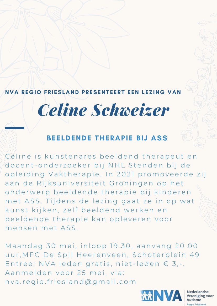NVAFriesland's tweet photo. Op maandagavond 30 mei organiseert Nva Regio Friesland in Heerenveen een lezing van Celine Schweizer, “Beeldende therapie bij ASS”. Tijdens de lezing gaat zij in op wat kunst kijken, zelf beeldend werken en beeldende therapie kan opleveren voor mensen met ASS. https://t.co/3LQoRKLctY