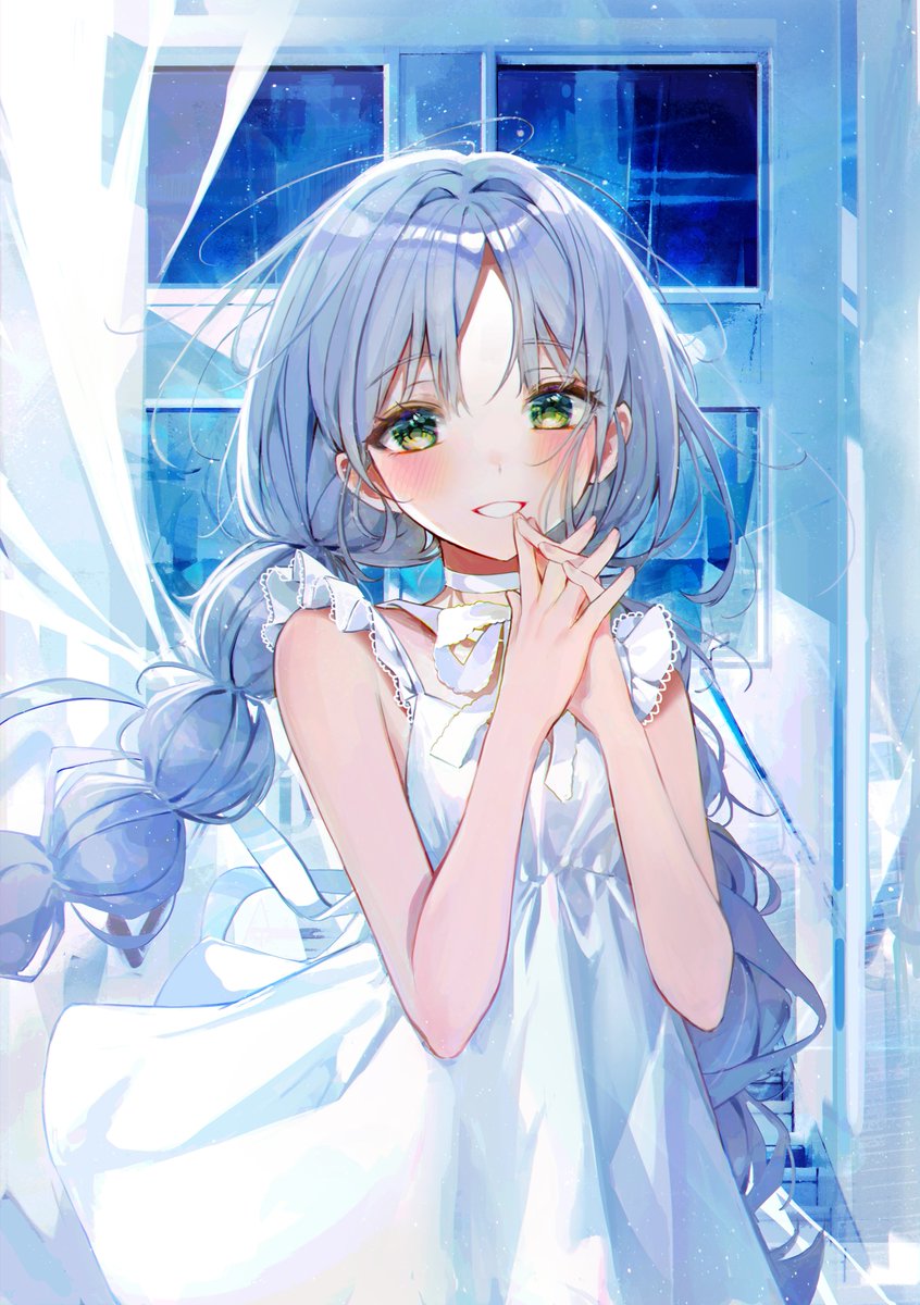 1girl dress solo white dress long hair looking at viewer green eyes  illustration images