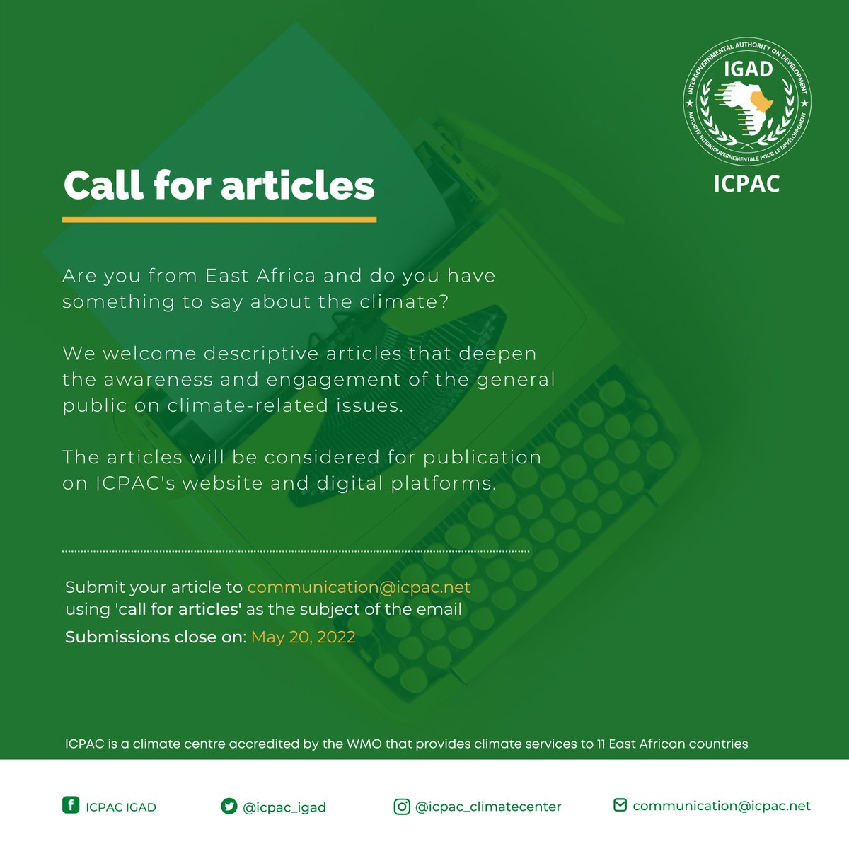 📢 Just two weeks to go before the deadline to submit articles on climate-related issues in #EastAfrica. Join us and be a part of the conversation on the defining issue of our time. #ClimateAction #GlobalWarming 

More about how to submit your article ▶️ bit.ly/37ghFAa