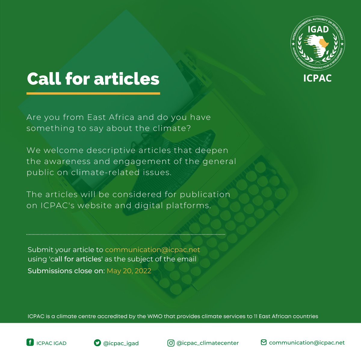 📢 Just two weeks to go before the deadline to submit articles on climate-related issues in #EastAfrica. Join us and be a part of the conversation on the defining issue of our time. #ClimateAction #GlobalWarming More about how to submit your article ▶️ bit.ly/37ghFAa