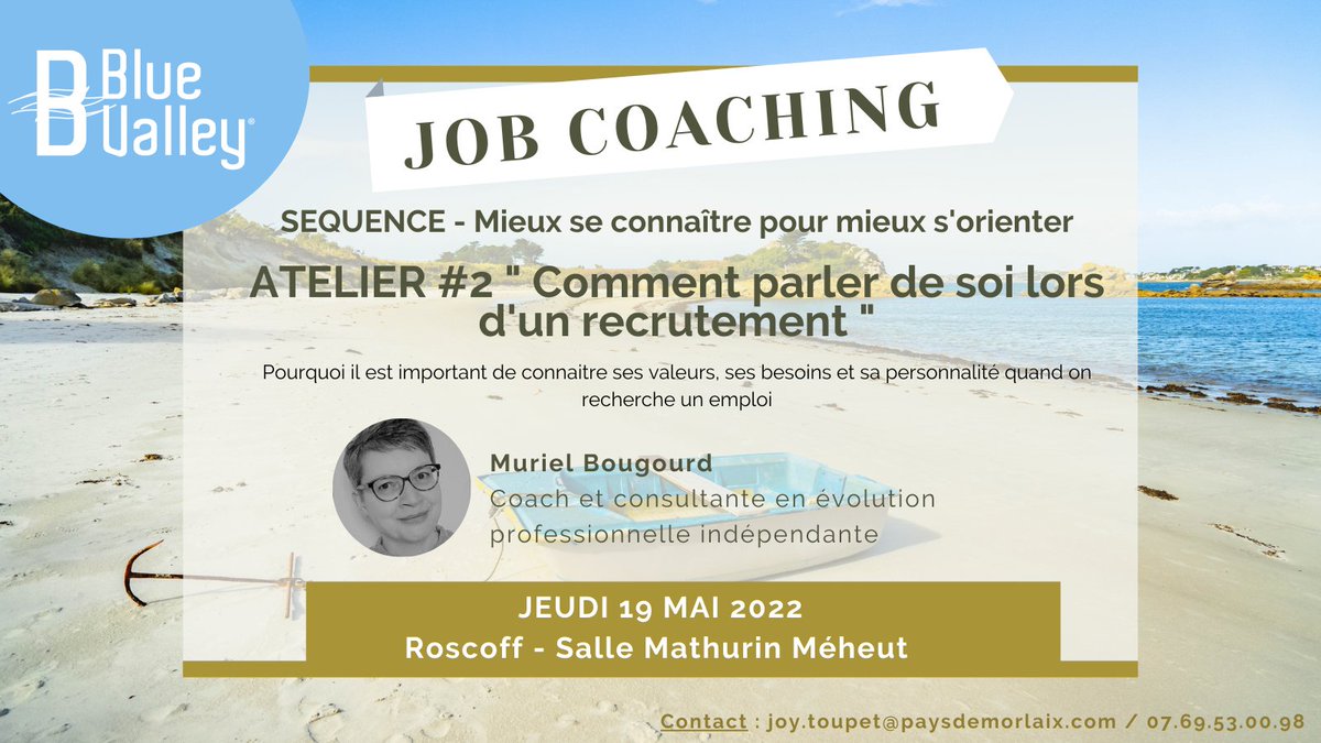 📌La journée #JobCoaching à Roscoff le 19 mai vous invite à sa🔎Séquence "Mieux se connaître pour mieux s'orienter" avec son📋Atelier #2 "Comment parler de soi lors d'un recrutement" animé par coach #MurielBougourd! 👌 Inscription ➡️forms.gle/iCSz287s449EZj…