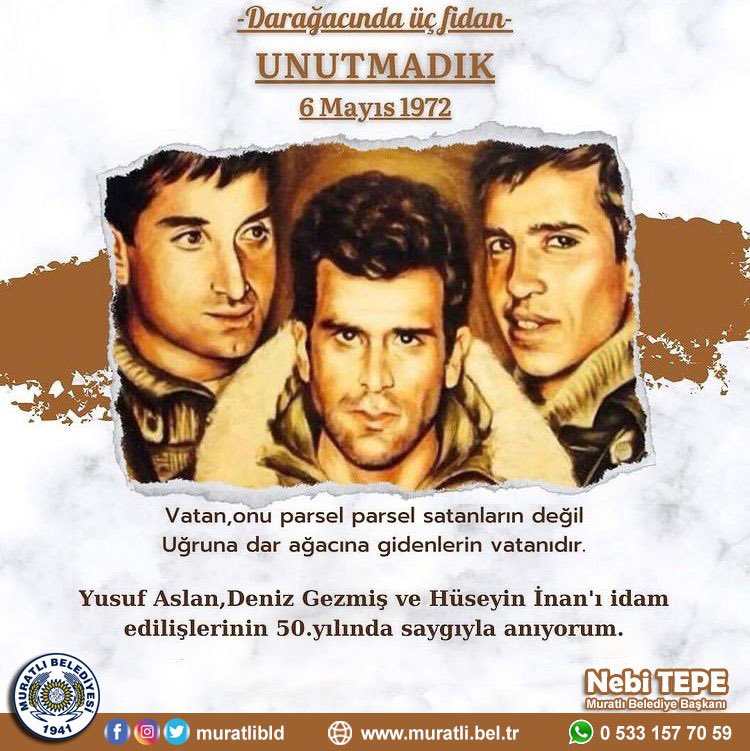 İçlerindeki vatan, hürriyet ve gençlik aşkıyla, tam bağımsız Türkiye için mücadele eden Deniz Gezmiş, Yusuf Aslan ve Hüseyin İnan’ı saygı ve rahmetle anıyoruz.
#ÜçFidan
#DenizGezmiş 
#YusufAslan 
#Hüseyinİnan