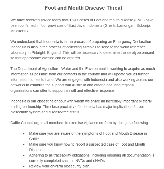 MattBrannRURAL's tweet photo. FOOT AND MOUTH DISEASE THREAT

The @cattlecouncilau has told members it has received advice that 1,247 cases of #FootAndMouthDisease have been confirmed in #Indonesia 🐂 https://t.co/svUrtv7rNv