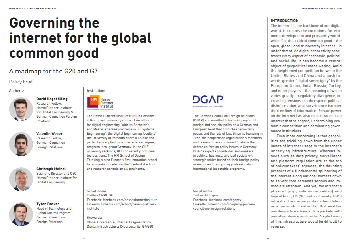 glob_solutions's tweet photo. Preserving an open, global and trustworthy #internet #infrastructure must be a priority for global leaders. Christoph Meinel, @dhageboelling @HPI_DE, @tysonbarker and @weberv_, @dgapev provide #recommendations for the #G20 and #G7 in the new #GSJournal: https://t.co/QZlVHT6HNz https://t.co/IHUBFg0yV5