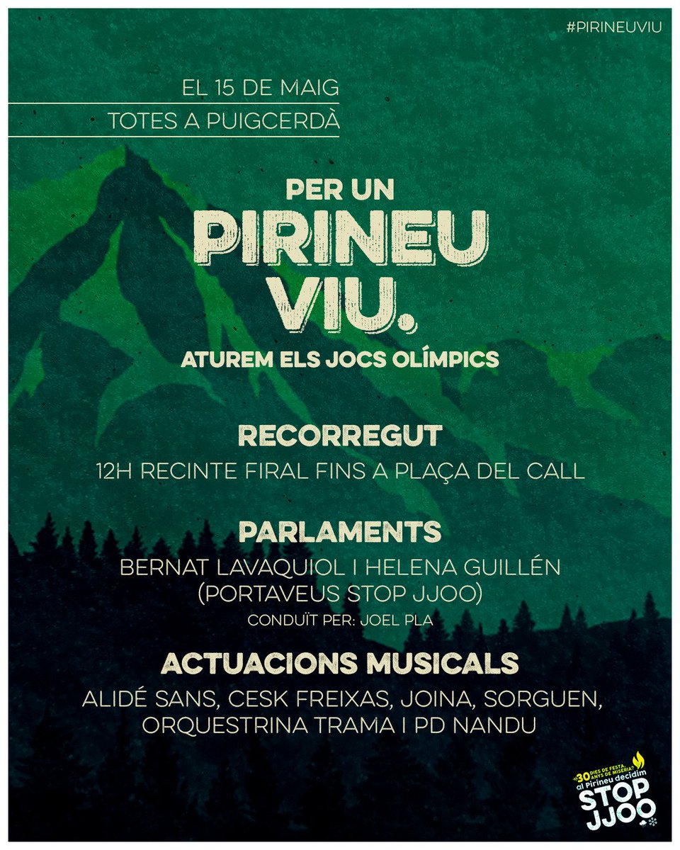 stopjjoo's tweet photo. ☀️ BON DIA | Ja tenim la programació per la gran mobilització del #15M a #Puigcerdà.

🗣️ Manifestació, parlaments i actuacions musicals per un #PirineuViu i en contra dels Jocs Olímpics d'hivern. No hi faltis!

#StopJJOO https://t.co/TIiNw72Xf1