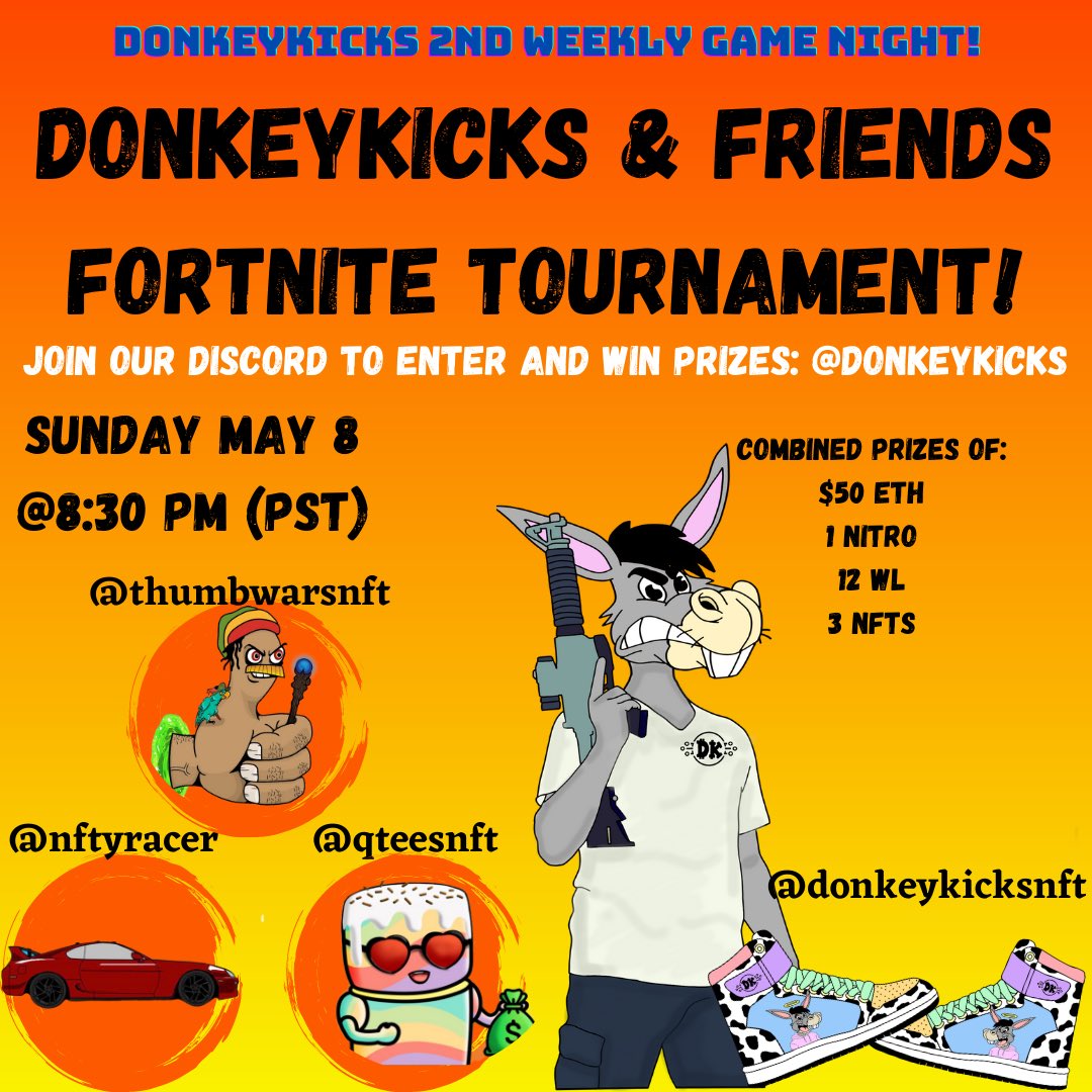 DK PRESENTS OUR SECOND GAMING EVENT WITH FRIENDS! <a href="/NFTyRacer/">NFTyRacer</a> <a href="/QTeesNFT/">QTEES | SOLD OUT</a> @ThumbWarsNFT such amazing projects! #nfts #nft #NFTGiveaway #NFTdrop #NFTCommmunity #Fortnite #twitch #nftdrop #onlinegaming #Election2022 #nftgame #gaming #onlinegames #ETH #MultiverseOfMadness #nftart #btc