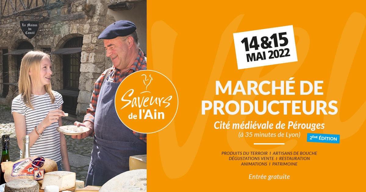 A noter dans vos agendas ! Rendez-vous à Pérouges, cité incontournable de l’Ain, pour un marché de producteurs les 14/15 mai afin de mettre en valeur la gastronomie et les savoir-faire de l’Ain ! Au programme : rencontres, animations, dégustations…