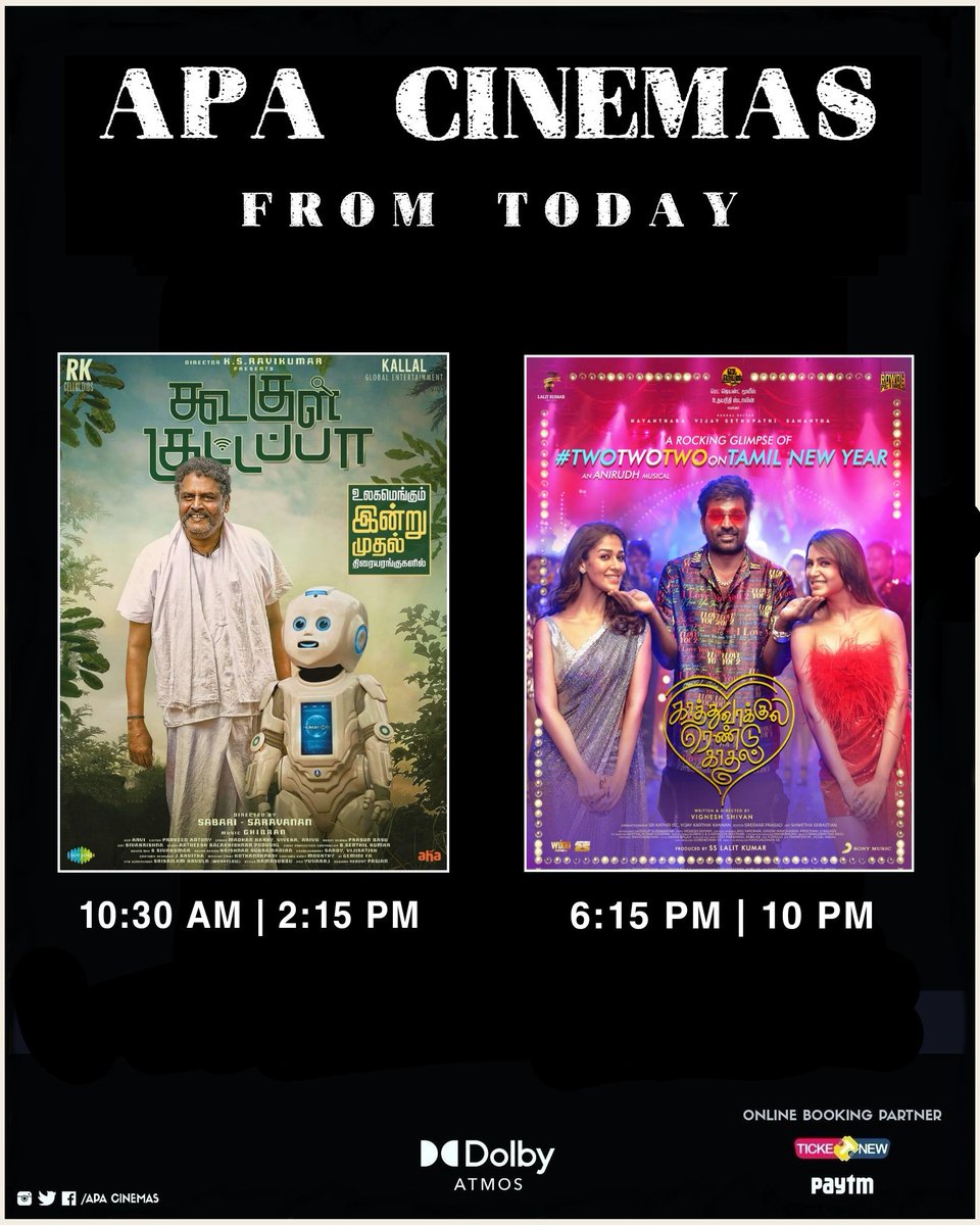 APA_Cinemas_KKD's tweet photo. #KoogleKuttapa & #KaathuVaakulaRenduKadhal from today at your #APACinemas #DolbyAtmos64channel #7waySoundSystem https://t.co/gb0HYJn1Rw
