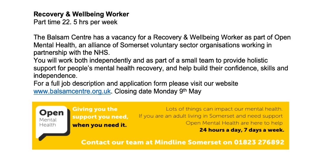 Open Mental Health and the Balsam Centre are looking for a Recovery &amp; Wellbeing Worker
Are you interested in this wonderful job opportunity to help others.
Please go to balsamcentre.org.uk/jobs.html for more information and to apply.