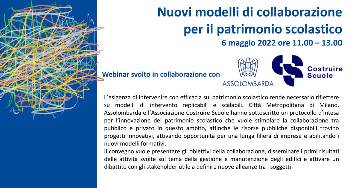 Assolombarda's tweet photo. Oggi #6maggio @MonPog, VP Assolombarda, interverrà al webinar in cui verrà presentato il protocollo d'intesa sottoscritto da @CittaMetroMi, #Assolombarda e #CostruireScuole per innovazione patrimonio scolastico e stimolare collaborazione pubblico-privato➡https://t.co/yVDPT6sChL https://t.co/Sp4w90YMWa