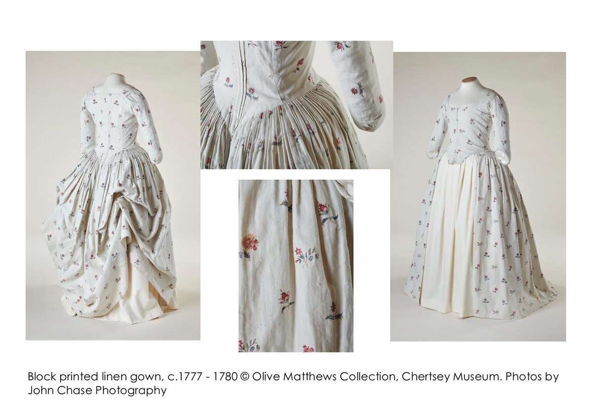 ChertseyMuseum's tweet photo. #FridayFrocks – Printed linen gown, late 1770s, block printed with floral sprigs. The colours are painted by hand. It could be worn ‘à la Polonaise’ with the skirt ruched up using internal cotton tapes. #BloomingMarvellous. Photos @Johnchasephoto https://t.co/oCMFuBZ1ct