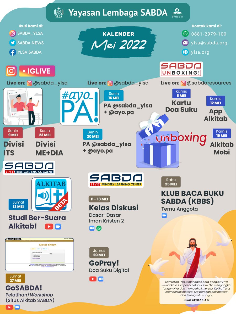 sabda_ylsa's tweet photo. Bersyukur Kita dapat memasuki Mei 2022 dengan kesegaran baru. Sepanjang Mei ini SABDA sudah mempersiapkan beberapa agenda yang bisa Sahabat ikuti. Yuk, simak Kalender SABDA Mei ini ya!
Info lebih lanjut di:
WA 0821-3313-3315
#SABDAEvents
#KalenderSABDA
#KelasOnline
#Seminar https://t.co/XfhVfFrhmX