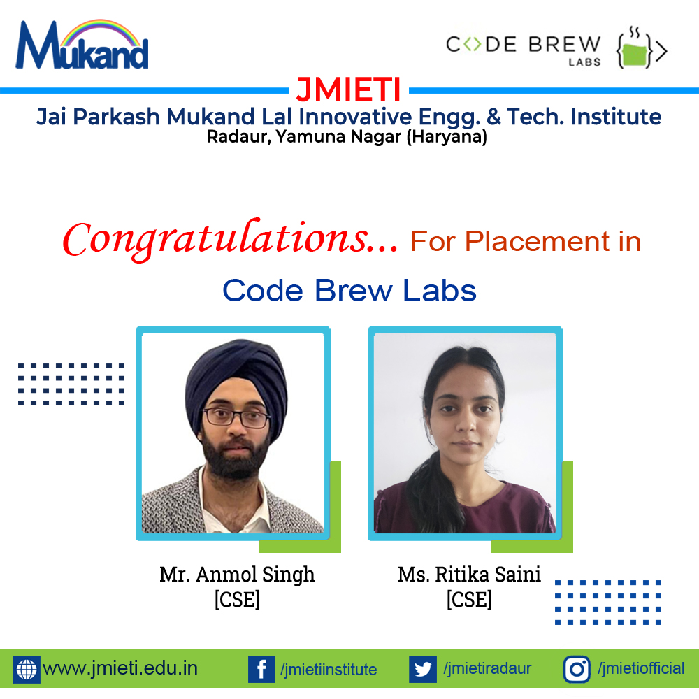 jmietiradaur's tweet photo. Congratulations Anmol &amp; Ritika and all the best for a bright future ahead! #jmieti #placements #CSE #AIML #civilengineering #CodeBrewLabs https://t.co/GK8Tbp0eBu