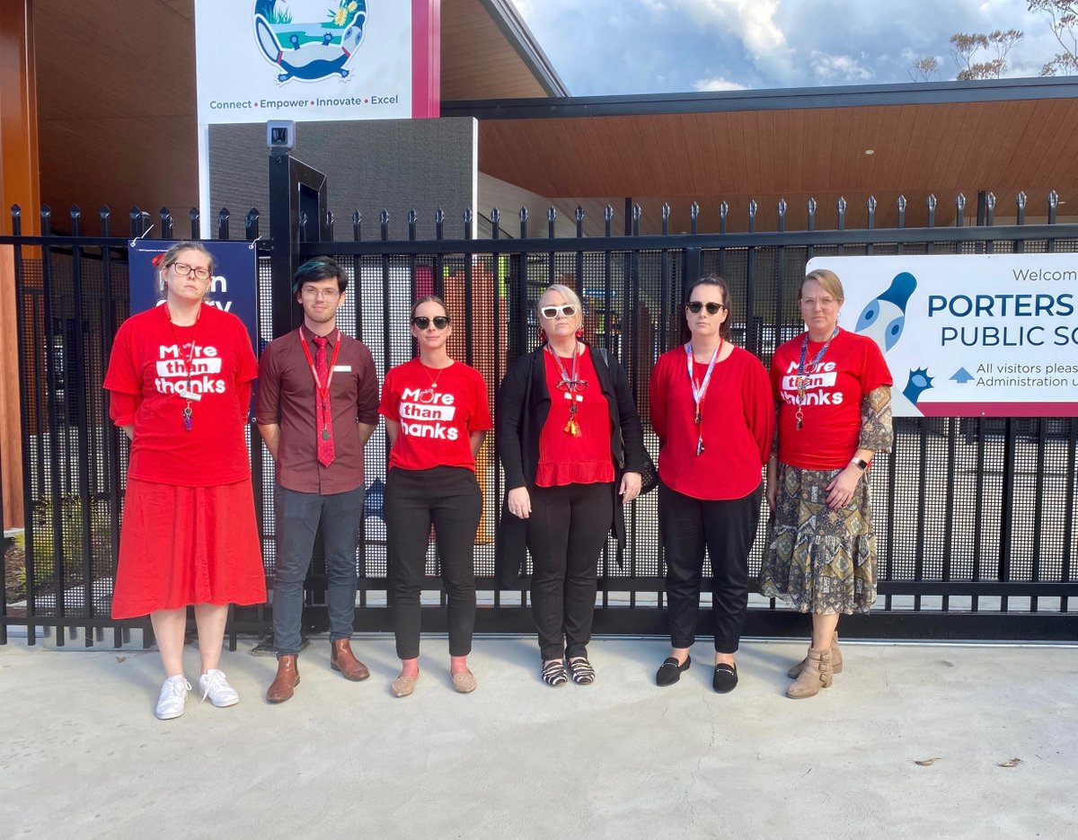 TeachersFed's tweet photo. On Thursday the Minister for Education and Adam Crouch MP visited 5 school sites across the Central Coast. Members at Porters Creek PS, Erina Heights PS, Brooke Avenue PS, Kincumber PS and Terrigal HS all walked out. They sent a strong message. Teachers deserve #MoreThanThanks https://t.co/c9jLsK4XDx