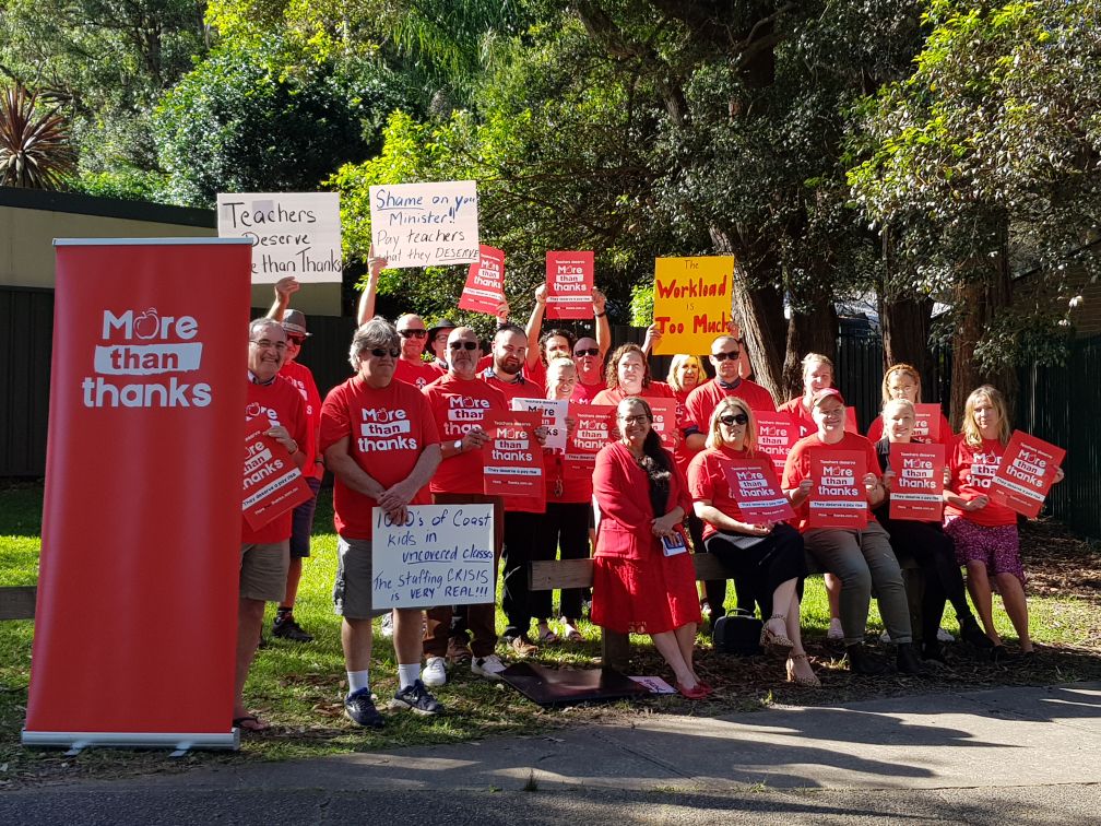 TeachersFed's tweet photo. On Thursday the Minister for Education and Adam Crouch MP visited 5 school sites across the Central Coast. Members at Porters Creek PS, Erina Heights PS, Brooke Avenue PS, Kincumber PS and Terrigal HS all walked out. They sent a strong message. Teachers deserve #MoreThanThanks https://t.co/c9jLsK4XDx