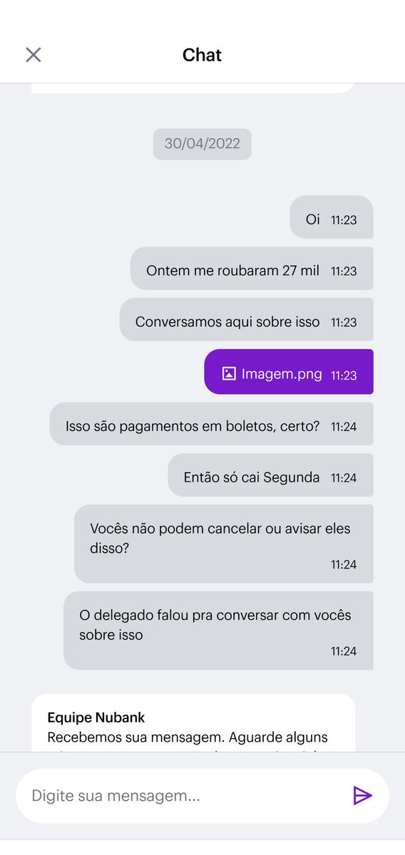 Algumas tentativas ridículas de tentar conseguir uma resposta concreta do chat do  @nubankNo meio da correria, você tem que mandar email (que não respondem). Depois de aberto, lavam as mãos e dizem que nada sabem. Se é o caso, tá errado. Precisa de atualização e atuação rápida