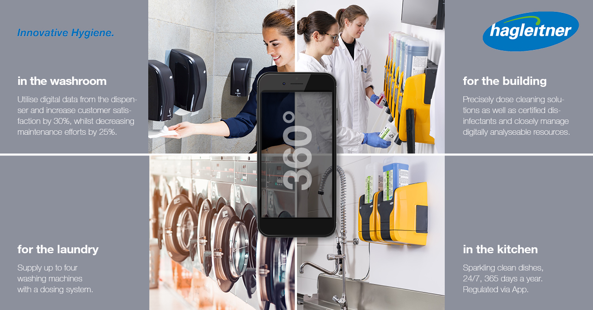 Digital hygiene and disinfection solutions create sustainability and efficiency. Book an exclusive tour to let us introduce you to our innovative systems in the Hagleitner360 World for washrooms, buildings, kitchens and laundry areas. Come see us in hall 5, booth 223/321.